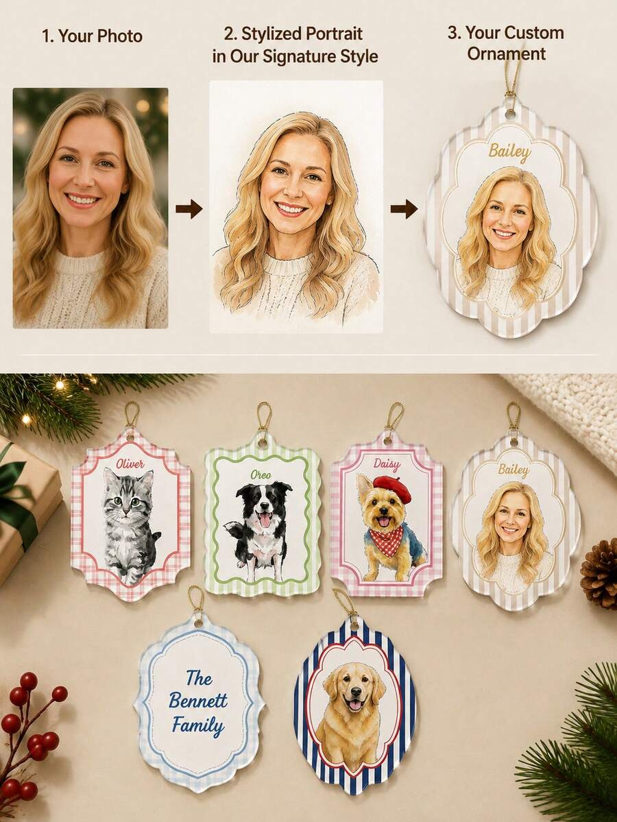 1pc Customized Pet Photo & Name Acrylic Hanging Ornament, Christmas Tree Decor With Ribbon, Cozy Farmhouse Style, Suitable For Home And Car, Holiday Memorial Gift For Dog & Cat Lovers And Pet Owners