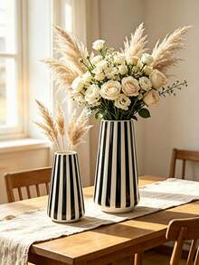 1pc Retro Striped Tapered Decor Vase, Versatile Tabletop Floral Container, Aesthetic Room Accent For Bedroom Living Room Home Decor - Cylindrical Stripes - View 5
