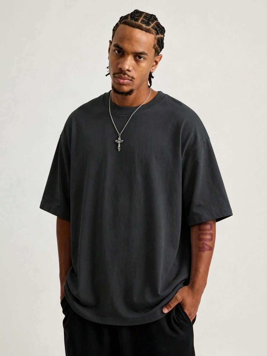 Men's Solid Color Low Elasticity Minimalist Summer Versatile Lightweight Loose Short Sleeve T-Shirt, Breathable Sports Top - Dark Grey - View 1