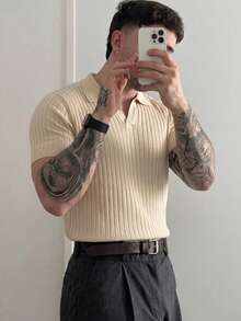 Men's Spring/Autumn Solid Color Fashion Versatile Minimalist Polo Collar Ribbed Knit Tops 3 Pieces, Suitable For Daily Commute And Dates - Multicolor - View 4