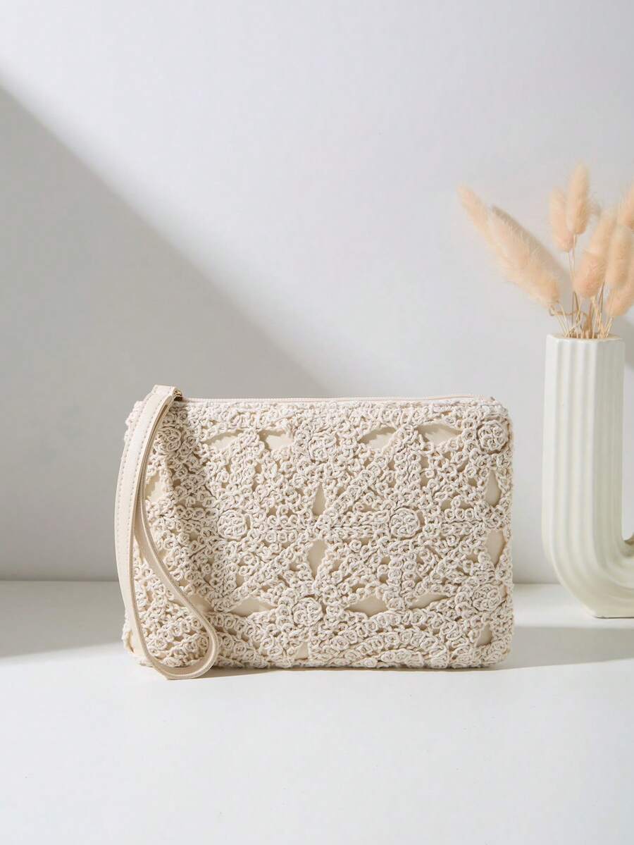 1pc Hollow Pattern Woven Women's Clutch Wallet, Suitable For Women And Girls To Use In Dinner, Evening Party, Shopping, Daily Commute, Travel And Other Occasions - Apricot - View 1