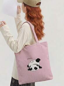 1Pc Cartoon Pandas And Cat Print Corduroy, Large‑Capacity Reusable Open‑Top Tote Shoulder Handbag For School Sports Daily Shopping For Girls Or Gifts - Multicolor - View 6