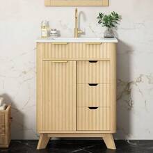 61 Cm Freestanding Bathroom Cabinet With Decorative Wave Design, Warm Natural Wood Tone, 3 Drawers And Sliding Door With Shelf – Faucet Not Included - Natural Color - View 4