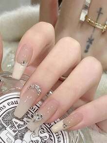 24pcs Short Coffin Shape Press-On Nails, White Gradient Floral Rhinestone Heart Design, Japanese Style Full Coverage, Suitable For Party, Prom And Daily Wear - Multicolor - View 4