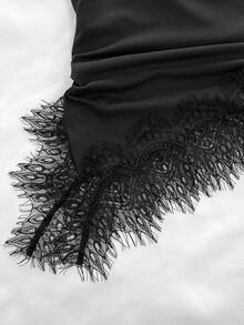 女款性感夏季蕾絲拼接細肩帶上衣，休閒度假優雅深V領細肩帶上衣，女款返校黑色上衣 - 黑色 - 查看 7