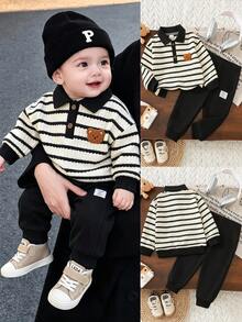 Baby Boy Autumn/Winter 2 Pieces Set Black & White Striped Polo Collar Knit Sweater With Black Elastic Waist Cuffed Sweatpants - Black - View 1
