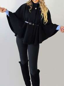 Women's Fashionable Elegant Short 3/4 Sleeve Stand Collar Loose Woolen Coat With Belt, Winter Black Fall - Black - View 8