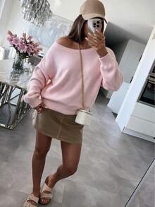 Women's Casual Loose Knit Solid Color Ribbed Soft Fuzzy Sweater, Suitable For Beach & Vacation - Pink - View 4
