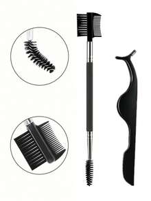2pcs Eyelash Tweezers And Dual-Head Multi-Purpose Eyebrow Brush, False Eyelash Extension Tweezers, Removal Clamp Tweezers, Women's False Eyelash Application Tool - Black - View 1