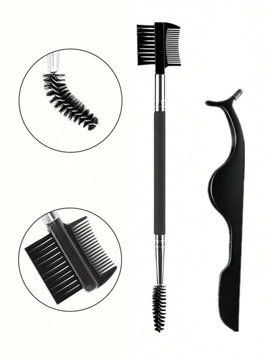 2pcs Eyelash Tweezers And Dual-Head Multi-Purpose Eyebrow Brush, False Eyelash Extension Tweezers, Removal Clamp Tweezers, Women's False Eyelash Application Tool - Black - View 1