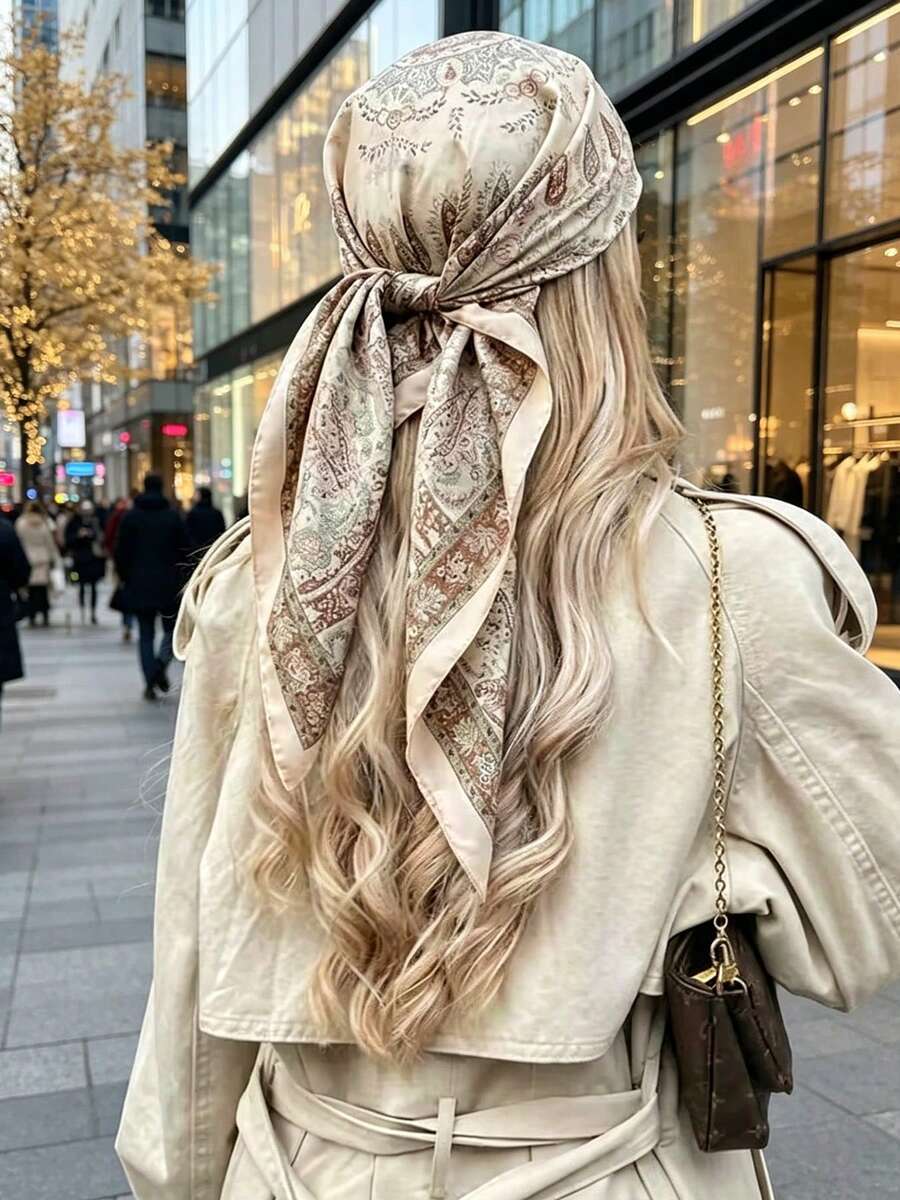 1件 70*70cm 波希米亞優雅佩斯利花紋 Y2K 風格絲巾，女款印花頭巾、領巾、髮帶，時尚女士披肩，秋季裝飾