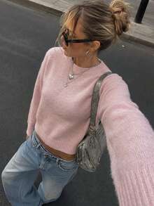 Women's Pink Knitted Sweater, Drop Shoulder Long Sleeve, Regular Fit Pullover, Suitable For Autumn/Winter - Pink - View 4