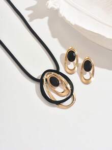 3pcs/Set Retro Geometric Oval Black Golden Pendant Necklace +Earrings , Contrast Color Rope Chain Women's Jewelry For Party Daily Wear Vacation Dates - Gold Black - View 4