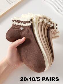 20/10/5 Pairs Heart Pattern Maillard Color Cute Women's Bubble Lace Short Socks, Comfortable Breathable Moisture-Wicking, Suitable For Sports And Casual Wear - Brown - View 3
