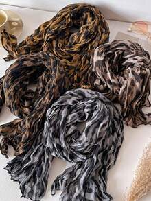 1pc Thick Crinkle Leopard Pattern Polyester Bali Voile Scarf 80*180cm, Faux Linen‑Cotton Feel, Fall Winter Multi‑Use Shawl For Travel Party Outing - Multicolor - View 8