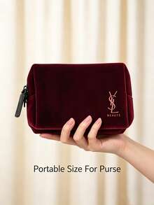 Yves Saint Laurent YSL Saint Laurent Burgundy Velvet Zipper Makeup Bag, Luxury High-End Cosmetic Storage Bag - Burgundy Velvet - View 2