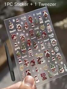 Santa Claus House Christmas Tree Snowflake Pattern Face Decoration Sticker Set With Tweezers, Vintage Holiday Atmosphere, 3D Embossed Pressed Craft, Party Makeup Accents, Face Stickers - Multicolor - View 5