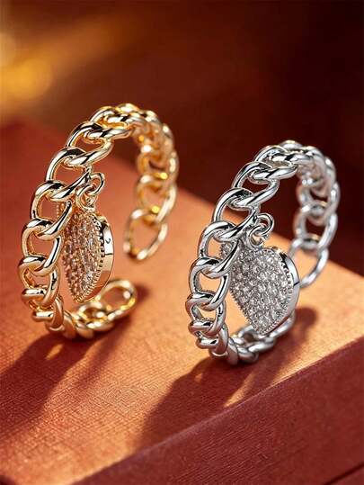 1 stuk Ins-stijl kettinghart open ring, gepersonaliseerde Cubaanse kettinghart hanger vingerring, elegante stapelbare veelzijdige decoratieve ring voor dames