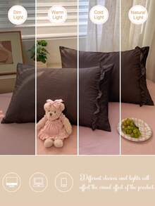 1pc/2pcs Solid Coffee Color Pillowcase With A Bow And Ruffle Trim (Without Insert), Comfortable And Breathable Polyester Fiber Suitable For All Seasons, Home Decoration, Simple Classic, Cozy Bedding, Neutral Decor, Ruffle Accent, Versatile Home - Mocha Brown - View 5