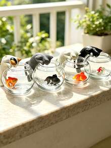 Cute Miniature Cat Catching Fish Figurine; Adorable Cat Catching Fish In Front Of An Aquarium - Perfect For Home/Car Dashboard Decoration. One Random Design. Suitable For Living Rooms, Bedrooms, Desks, Offices, And Other Home Decor. - A - View 2