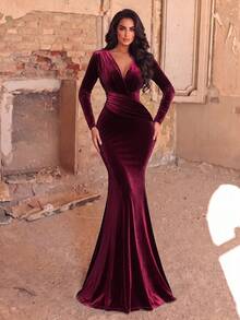 Faeriesty Women's Elegant Deep V-Neck Mermaid Evening Gown, Long Sleeve With Train -. Party Spring Fall Wedding - Maroon - View 8