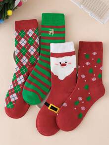 4 Pairs Unisex Mid-Crew Socks - Red Cute Snowman Christmas Pattern - Thermal-Lined For Holiday And Everyday Wear - Multicolor - View 2