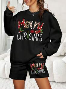 Women's Christmas Happy Letter Print Pajama Set, Drawstring Sports Shorts Set, 2 Pieces Set, Suitable For Home Wear, Sports Warmth, Suitable For Autumn/Winter Season - Black - View 1