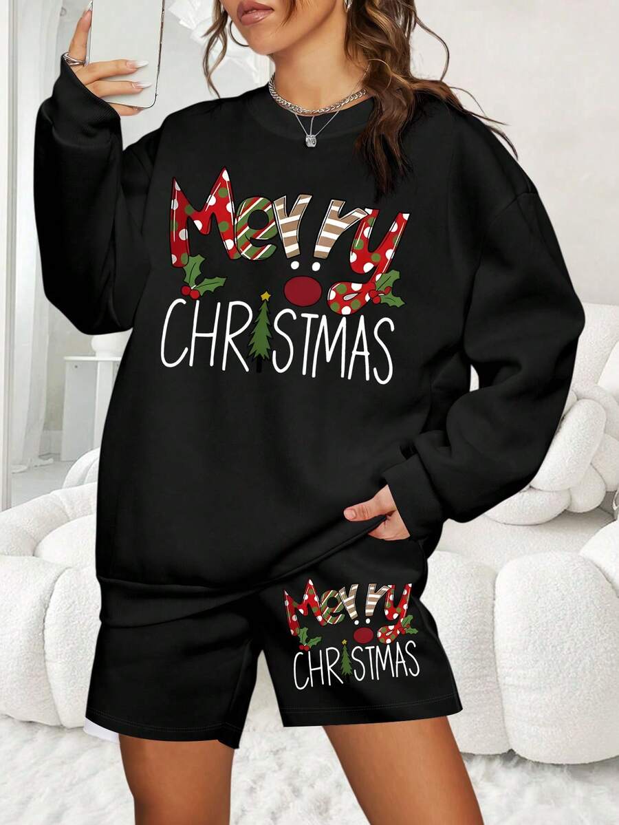 Women's Christmas Happy Letter Print Pajama Set, Drawstring Sports Shorts Set, 2 Pieces Set, Suitable For Home Wear, Sports Warmth, Suitable For Autumn/Winter Season - Black - View 1