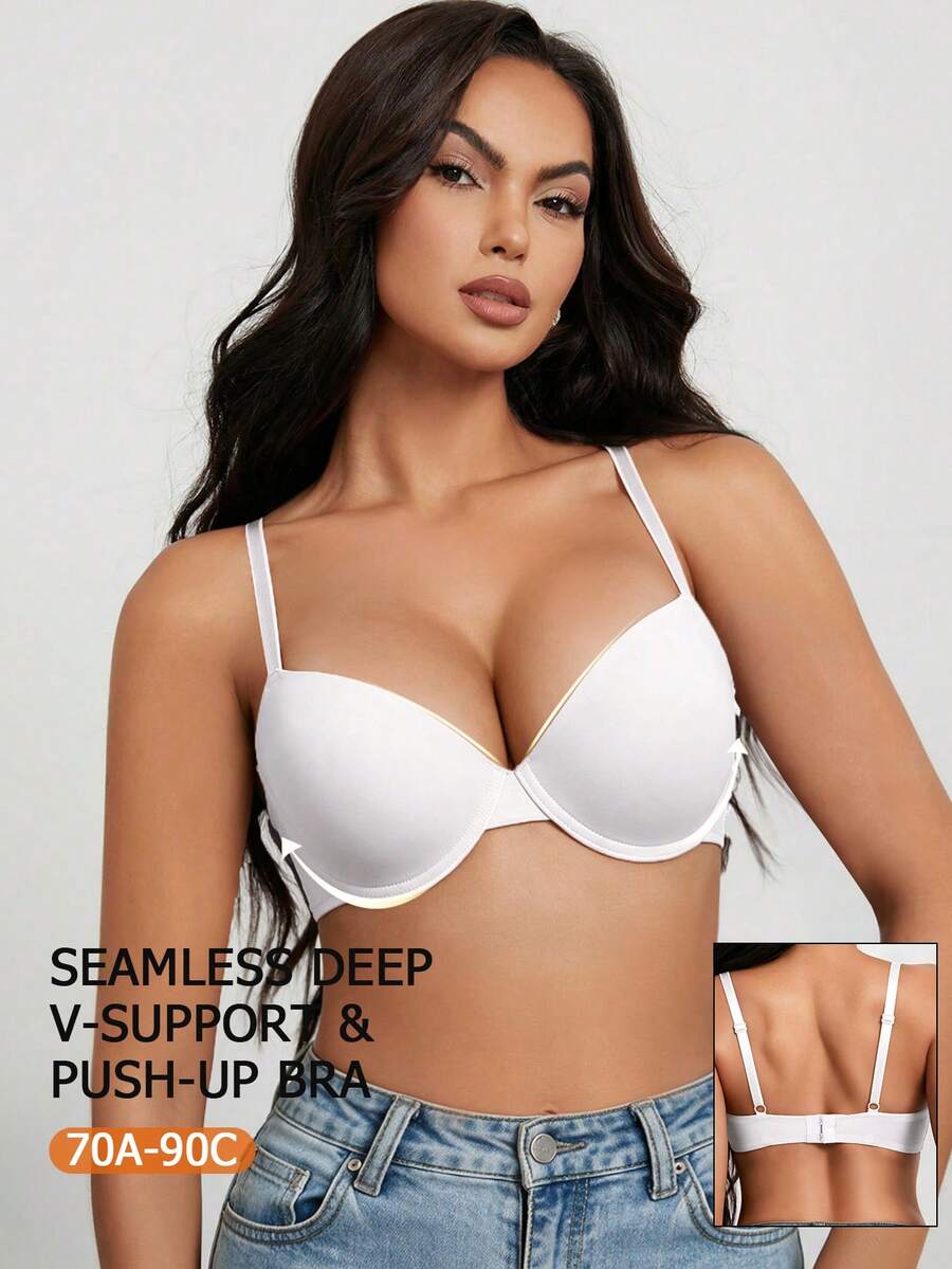 1pc Women's Deep V Push-Up Bra - Padded Seamless Underwire Bra, Smooth Solid Color T-Shirt Bra, Comfortable Lift, Invisible Fit