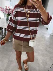 MORI 女款優雅休閒時尚基礎款酒紅條紋圓領短袖針織毛衣上衣，適合搭配穿搭 - 早紅拼冰藍 - 查看 6