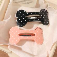2pcs/Set Acetate Alloy Black & Pink Polka Dot Hair Clips, Gentle Korean Style Cute Bone Spring Clips, Sweet Cool Side Hair Clips For Flyaways - Multicolor - View 5