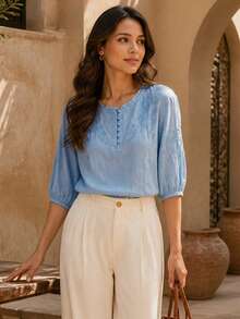 Women's Spring/Summer Viscose Embroidered Lightweight Loose Vintage Blouse, Casual Blouses For Women, Summer Tops, Blue Top - Blue - View 3