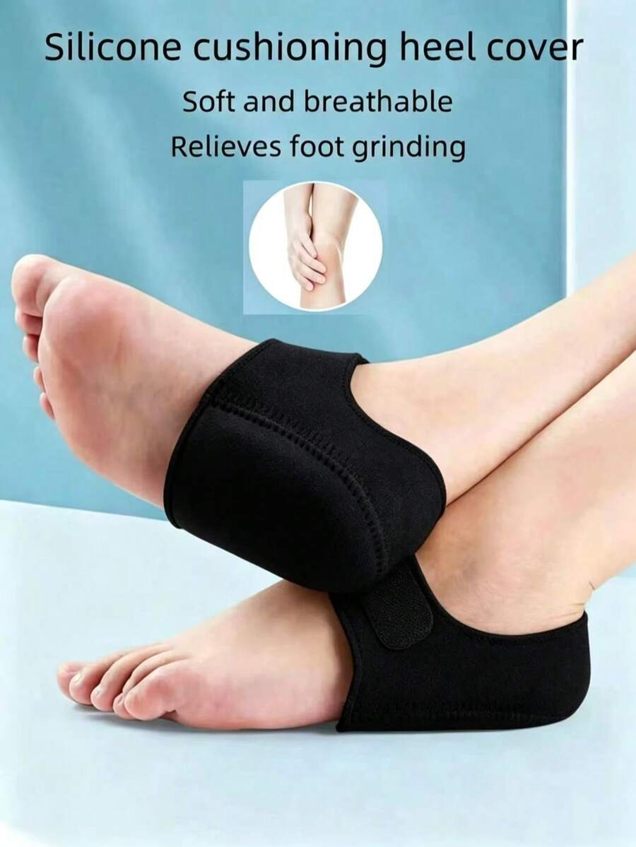QKC 1 Pair Sponge-Style Hook And Loop Heel Protectors, High-Density Sponge Cushioning For Shock Absorption, Relieves Pressure For People Who Stand Or Walk For Long Periods, Elastic Fabric Outer Layer To Alleviate Heel Discomfort, Wear-Resistant, Slightly Warm, Suitable For Autumn And Winter Wear - Black - View 1