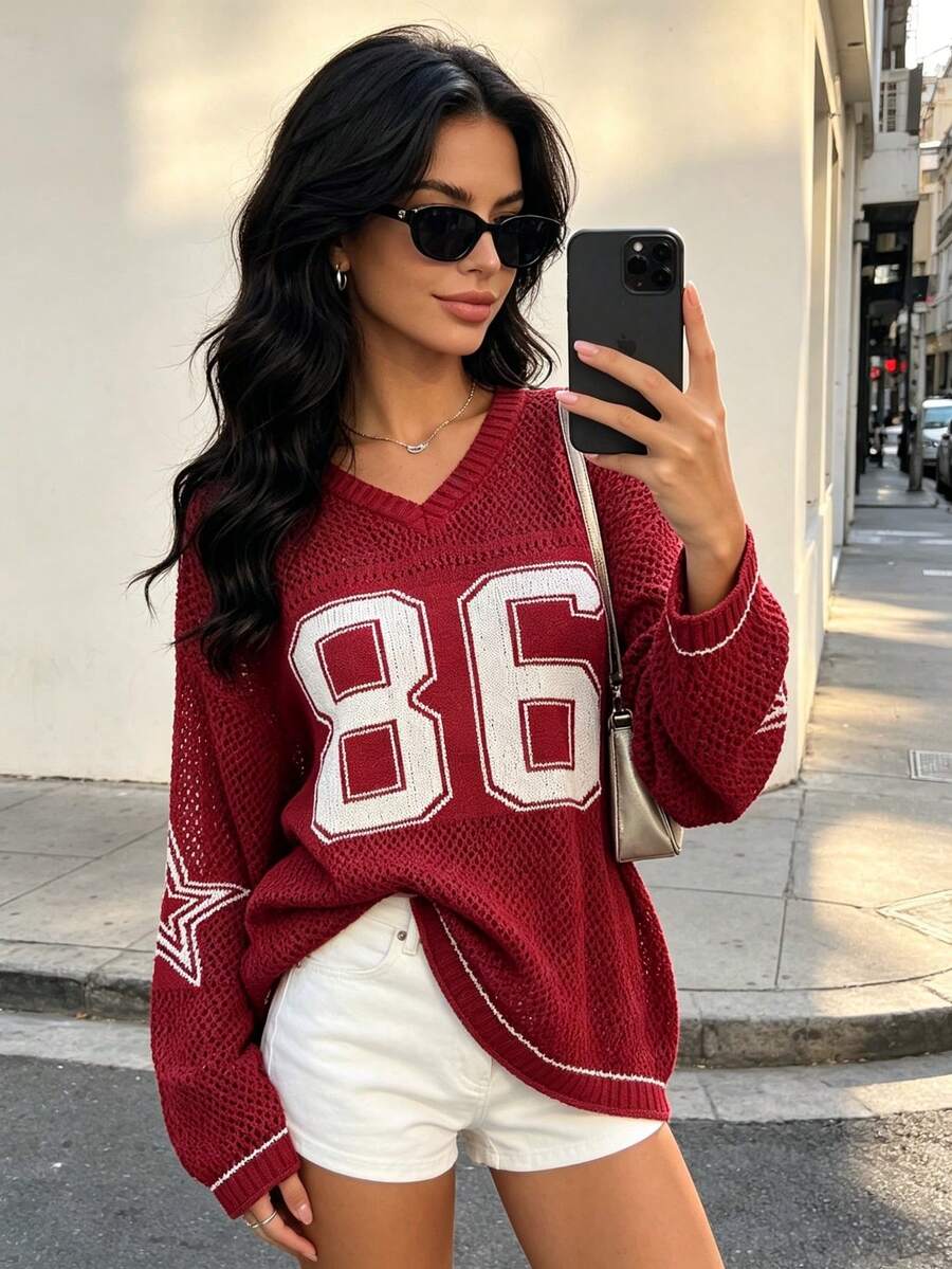 Women's Summer Oversized Loose Sweatshirt, Casual Numeric Print Elegant Lightweight Hollow-Out Knit Top Spring