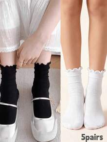 3/5/7/12 Pairs Women White Ruffle Frill Crew Socks, Striped Soft Breathable, Casual Daily For Loafer Mary Jane - White - View 9