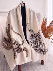 1pc Lady Meriadeth Wind Leopard Tiger Art Print Long Scarf, With Vintage Animal Print Fringed Edges, Making A Great Oversized Shawl For Daily Wear. - Beige - View 3