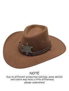 1pc Unisex Western Cowboy Hat, Metal Decor Band With Adjustable Windproof Rope Wide Brim, Costume Hat, Photo Prop, Suitable For Theme Parties And Daily Wear. Head Circumference Size M, Length 39CM, Width 35CM - Top Hat - View 7