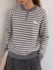 Women's New Autumn/Winter Classic Striped Fun Cartoon Embroidered Pullover Sweater - Light Grey - View 3
