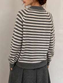 Women's New Autumn/Winter Classic Striped Fun Cartoon Embroidered Pullover Sweater - Light Grey - View 2