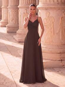 EVERPRETTY Women's Brown Elegant Wedding Guest Long Dress, Pleated V-Neck Spaghetti Strap High Waist Flowy Bridesmaid Dress Fall - Chocolate Brown - View 5