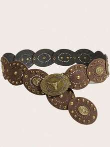 1pc Western Cowboy Bohemian Style Women's Belt, Bronze Metal Belt, Suitable For Autumn, Winter, Spring, Jeans - Horse Accessories Brown Suede Patchwork - View 7