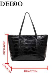 Dedoo Black Glossy Crocodile Embossed PU Tote Bag, Long Handles Open‑Top Large‑Capacity Laptop Shoulder Bag For Ladies Spring Autumn Office Commute - Black - View 7