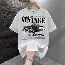 Vintage Retro Car Graphic Tee, Cotton, Crew Neck Short Sleeve Loose Fit, Casual Summer Wear, Breathable Comfort - White - View 3