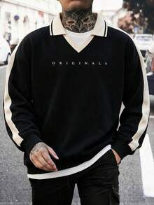 Men's Letter Print Contrast Color Polo Collar Sweatshirt, Casual Loose Fit Pullover Top - Black - View 2