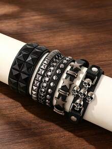 4Pcs Punk Gothic PU Leather Bracelet, Skull Star Pyramid Stud Multi-Layer Wristband, Adjustable Bracelet For Women Men, Rock Festival Party - Black - View 4