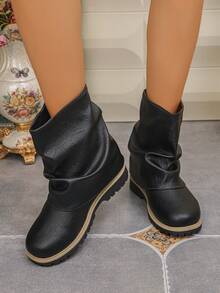 Sepatu Boot Wanita Mid-Calf Sol Tebal Nyaman Serbaguna Musim Gugur/Dingin Ukuran Besar Gaya Minimalis Modis - Hitam - View 5