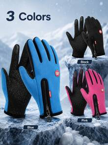 Simple And Casual Full-Finger Fleece-Lined Winter Gloves, Featuring Side Zipper And Decorative Tag Details. Touchscreen Compatible, Windproof And Warm, Suitable For Outdoor Sports And Daily Commuting. Winter Gloves, Cycling Gloves. - Multicolor - View 10