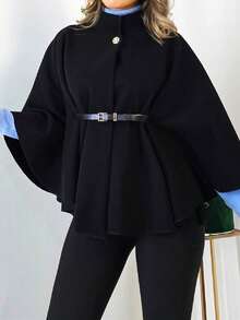 Women's Fashionable Elegant Short 3/4 Sleeve Stand Collar Loose Woolen Coat With Belt, Winter Black Fall - Black - View 6