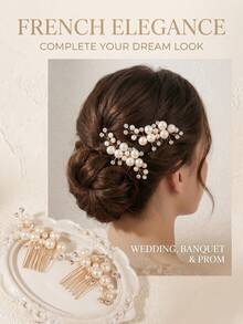 2pcs/Set Wedding Bride Pearl Hair Side Comb Rhinestone Hair Clips Pins Headpiece Vintage Hair Accessories Jewelry For Brides Bridesmaids - Gold - View 3