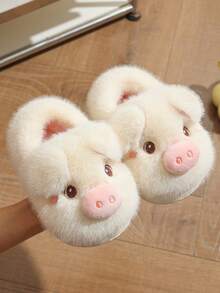 1 Pair Girls Cute Cartoon Winter Pig Baby Fuzzy Slippers Indoor/Outdoor Closed-Back Kids Slippers - White - View 2